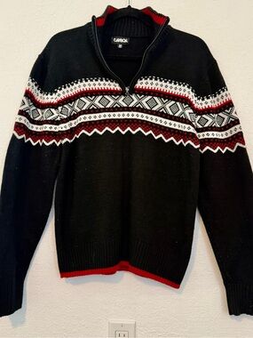 Carbon Black Half-Zip Fair Isle Sweater with Red and White Accents